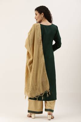 Green Cotton  Embroidery stitched kurta & bottom with dupatta 3
