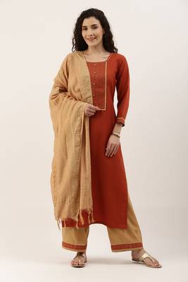Orange Cotton  Embroidery stitched kurta & bottom with dupatta 1