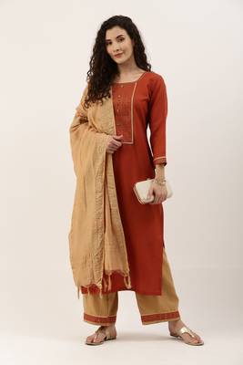 Orange Cotton  Embroidery stitched kurta & bottom with dupatta 2