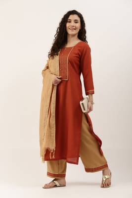 Orange Cotton  Embroidery stitched kurta & bottom with dupatta 4