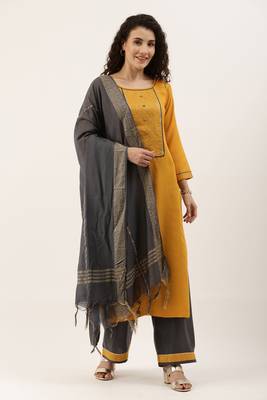 Yellow Cotton  Embroidery stitched kurta & bottom with dupatta 1