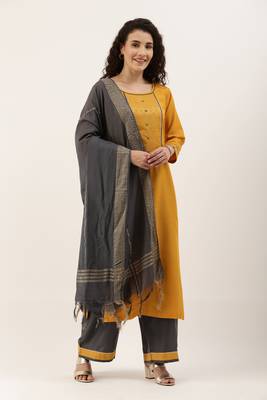 Yellow Cotton  Embroidery stitched kurta & bottom with dupatta 2