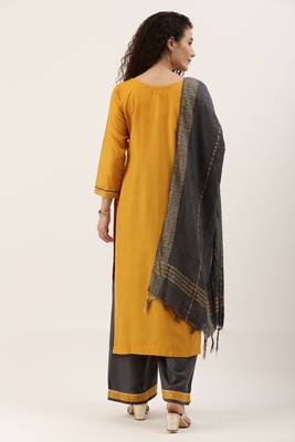 Yellow Cotton  Embroidery stitched kurta & bottom with dupatta 3
