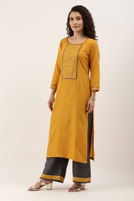 Yellow Cotton  Embroidery stitched kurta & bottom with dupatta 4