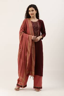 Purple Cotton  Embroidery stitched kurta & bottom with dupatta 1
