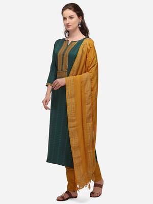 Green Cotton  Embroidery stitched kurta & bottom with dupatta 4