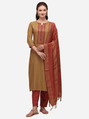 Beige Cotton  Embroidery stitched kurta & bottom with dupatta 1