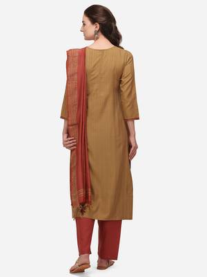 Beige Cotton  Embroidery stitched kurta & bottom with dupatta 2