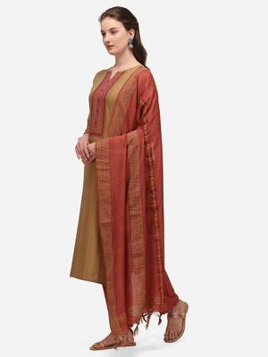 Beige Cotton  Embroidery stitched kurta & bottom with dupatta 3