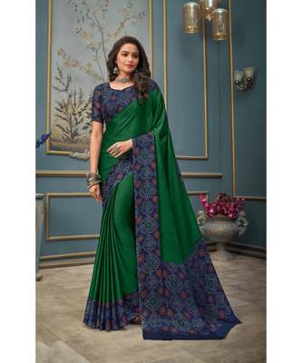 Green printed chiffon saree with blouse 1