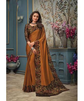 Orange printed chiffon saree with blouse 1