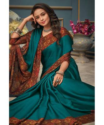 Turquoise printed chiffon saree with blouse 2