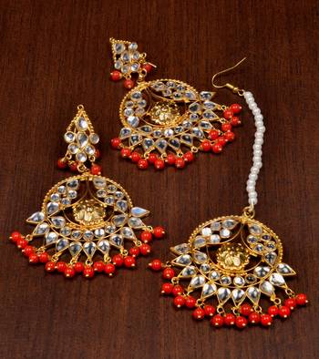 Red Beads and Kundan Embellished Earrings Tika Set MT40 1