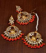 Red Beads and Kundan Embellished Earrings Tika Set MT40