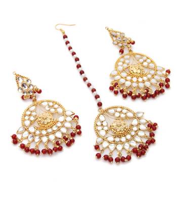Maroon Beads and Kundan Embellished Earrings Tika Set MT45 1
