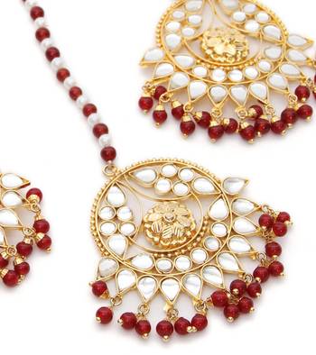 Maroon Beads and Kundan Embellished Earrings Tika Set MT45 2