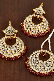 Ruby Stone and Kundan Embellished Earrings Tikka Set MT146