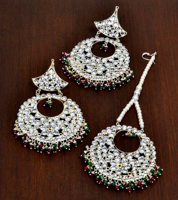 Ruby Emerald and Kundan Embellished Silver Plated Tikka MT150 1