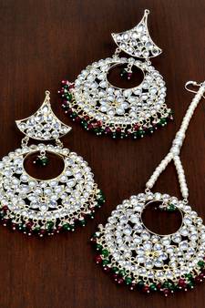 Ruby Emerald and Kundan Embellished Silver Plated Tikka MT150