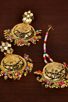 Gold Plated Multi Beaded and Leafy Earrings Tikka MT160