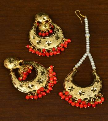 Gold Plated Red Beaded Dangler Earrings Tikka Set MT183 1