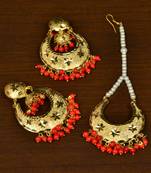 Gold Plated Red Beaded Dangler Earrings Tikka Set MT183