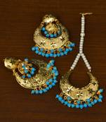 Gold Plated Sky Beaded Dangler Earrings Tikka Set MT184