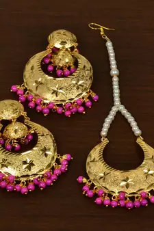 Gold Plated Pink Beaded Dangler Earrings Tikka Set MT186