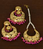 Gold Plated Pink Beaded Dangler Earrings Tikka Set MT186
