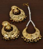Gold Plated Black Beaded Dangler Earrings Tikka Set MT188