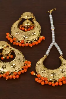 Gold Plated Orange Beaded Dangler Earrings Tikka Set MT189