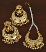 Gold Plated White Beaded Dangler Earrings Tikka Set MT190
