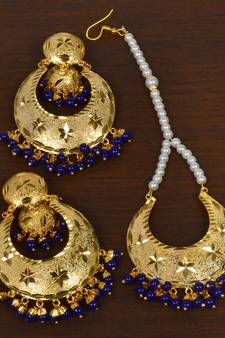 Gold Plated Blue Beaded Dangler Earrings Tikka Set MT191