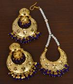 Gold Plated Blue Beaded Dangler Earrings Tikka Set MT191