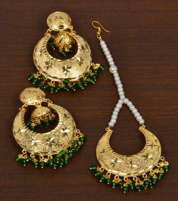 Gold Plated Green Beaded Dangler Earrings Tikka Set MT192 1
