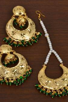 Gold Plated Green Beaded Dangler Earrings Tikka Set MT192