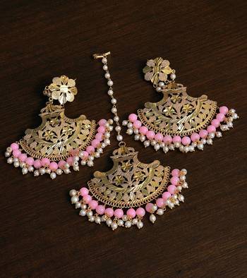 Gold Plated Pink Beaded Earrings cum Maang Tikka Set MT221 1
