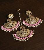 Gold Plated Pink Beaded Earrings cum Maang Tikka Set MT221