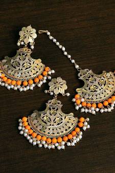 Gold Plated Orange Beaded Earrings cum Maang Tikka Set MT222