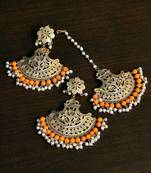 Gold Plated Orange Beaded Earrings cum Maang Tikka Set MT222