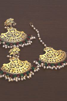 Gold Plated Multi Beaded Earrings cum Maang Tikka Set MT223