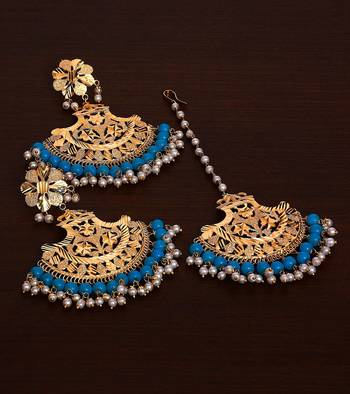 Gold Plated Sky Beaded Earrings cum Maang Tikka Set MT224 1