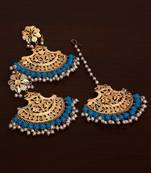 Gold Plated Sky Beaded Earrings cum Maang Tikka Set MT224