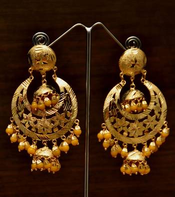 Gold Plated Yellow Beaded Dangler Earrings Tikka Set MT196 1