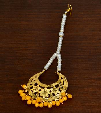 Gold Plated Yellow Beaded Dangler Earrings Tikka Set MT196 2