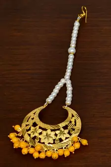 Gold Plated Yellow Beaded Dangler Earrings Tikka Set MT196