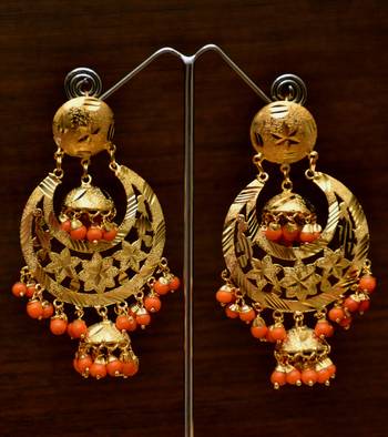 Gold Plated Orange Beaded Dangler Earrings Tikka Set MT197 1