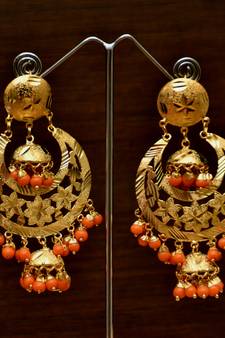 Gold Plated Orange Beaded Dangler Earrings Tikka Set MT197