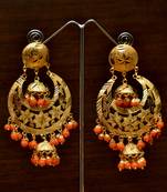 Gold Plated Orange Beaded Dangler Earrings Tikka Set MT197