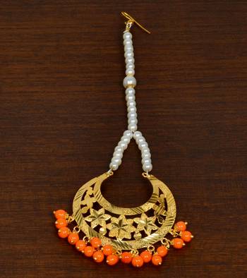 Gold Plated Orange Beaded Dangler Earrings Tikka Set MT197 2